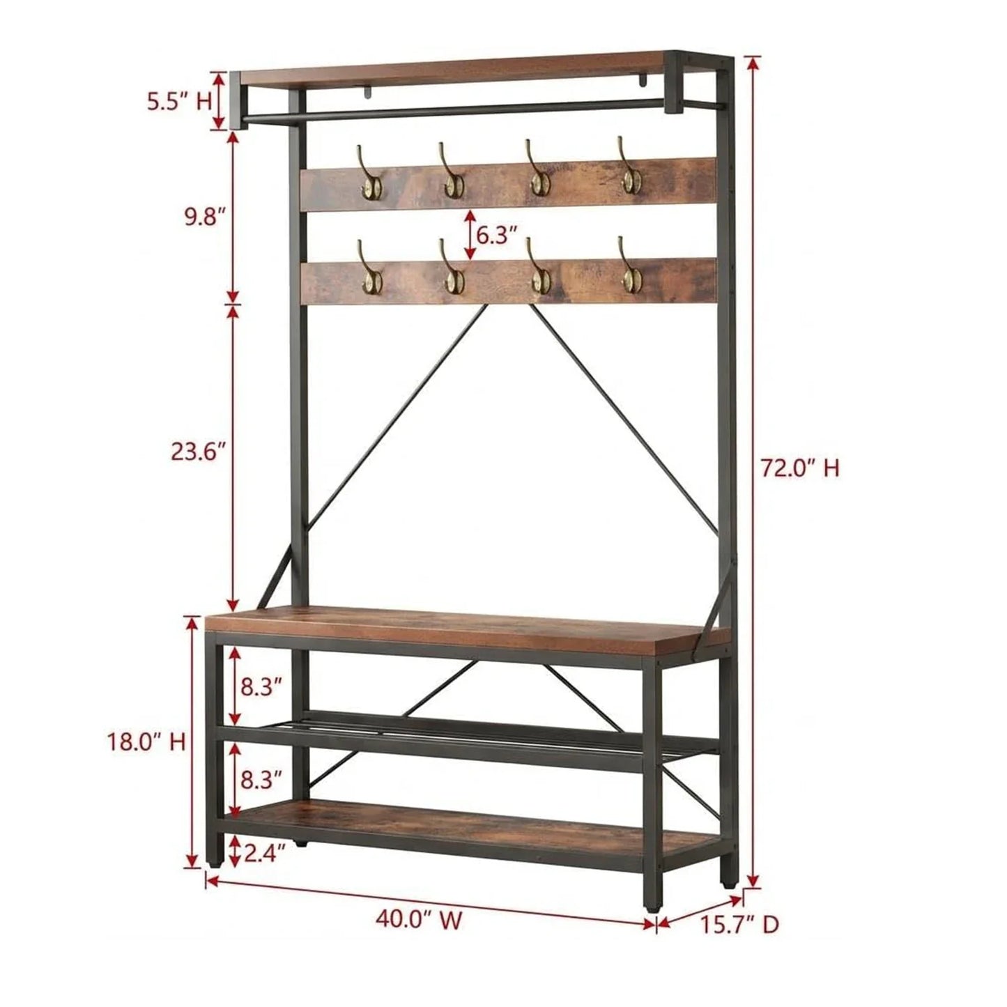 Industrial Hall Tree Coat Rack w/ Bench & 3-Tier Shoe Storage