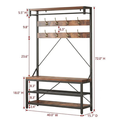Industrial Hall Tree Coat Rack w/ Bench & 3-Tier Shoe Storage