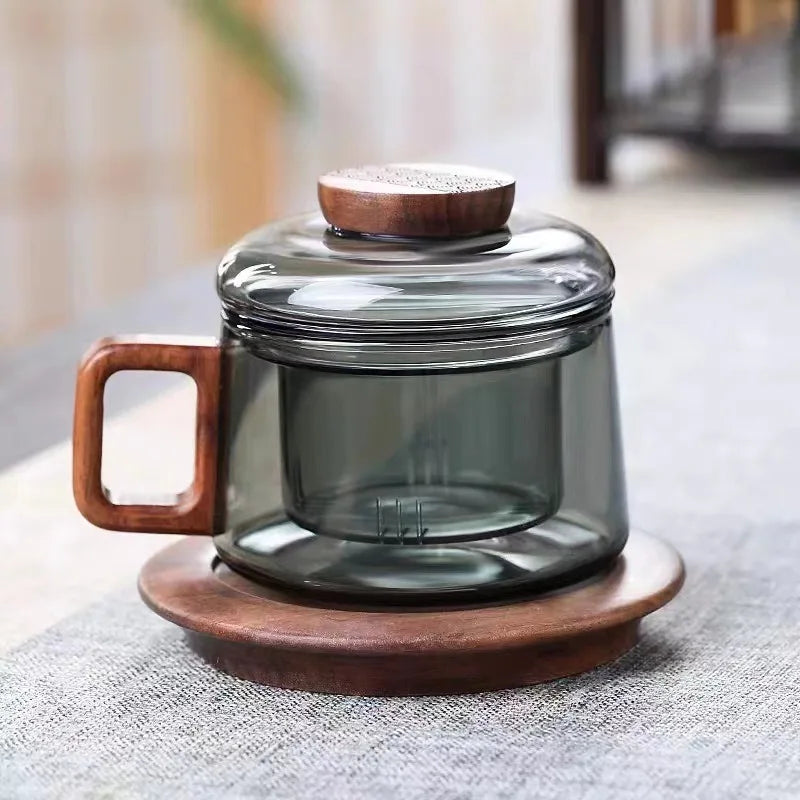 200ML Glass Teacup with Filter and Wooden Handle