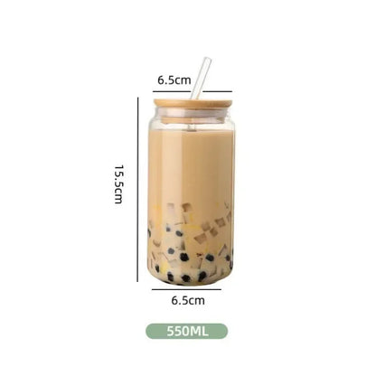 Transparent Glass Cup with Wooden Lid and Straw