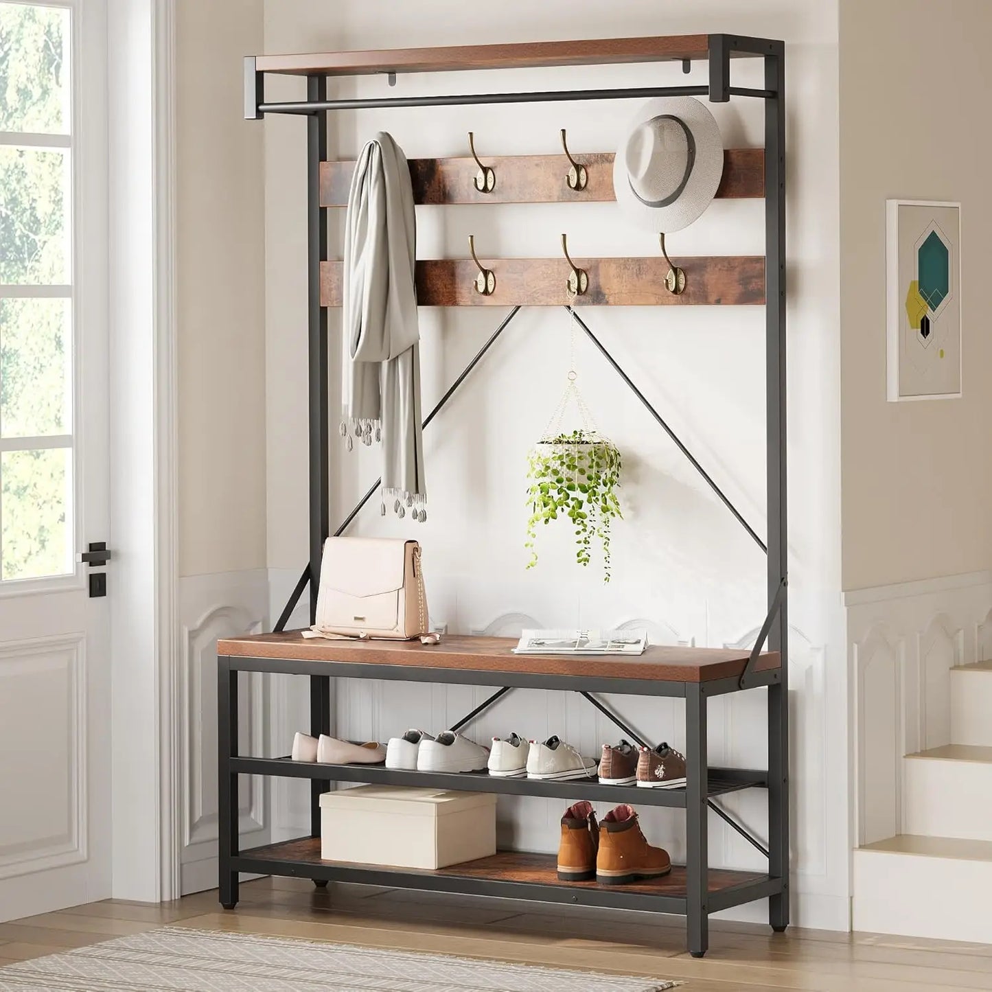 Industrial Hall Tree Coat Rack w/ Bench & 3-Tier Shoe Storage
