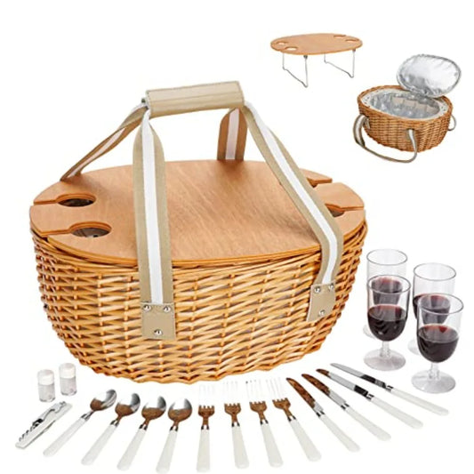 Insulated Wicker Picnic Basket for 4