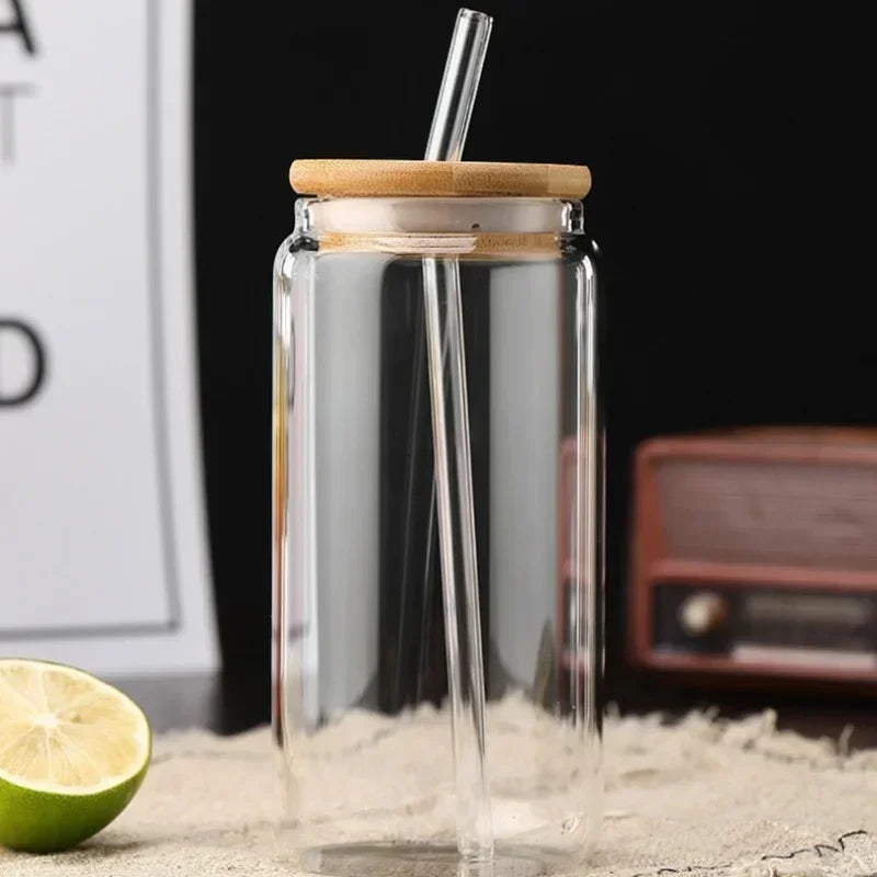 Transparent Glass Cup with Wooden Lid and Straw