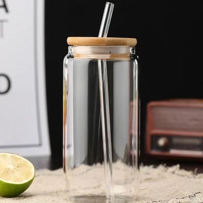 Transparent Glass Cup with Wooden Lid and Straw