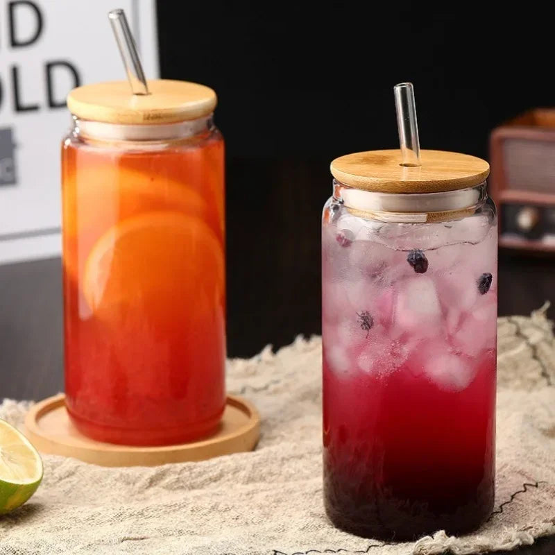 Transparent Glass Cup with Wooden Lid and Straw