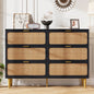 6-Drawer Rattan Dresser, Natural Hand-Woven Rattan & Wood Large Storage Dresser With Deep Drawers For Bedroom Living Room