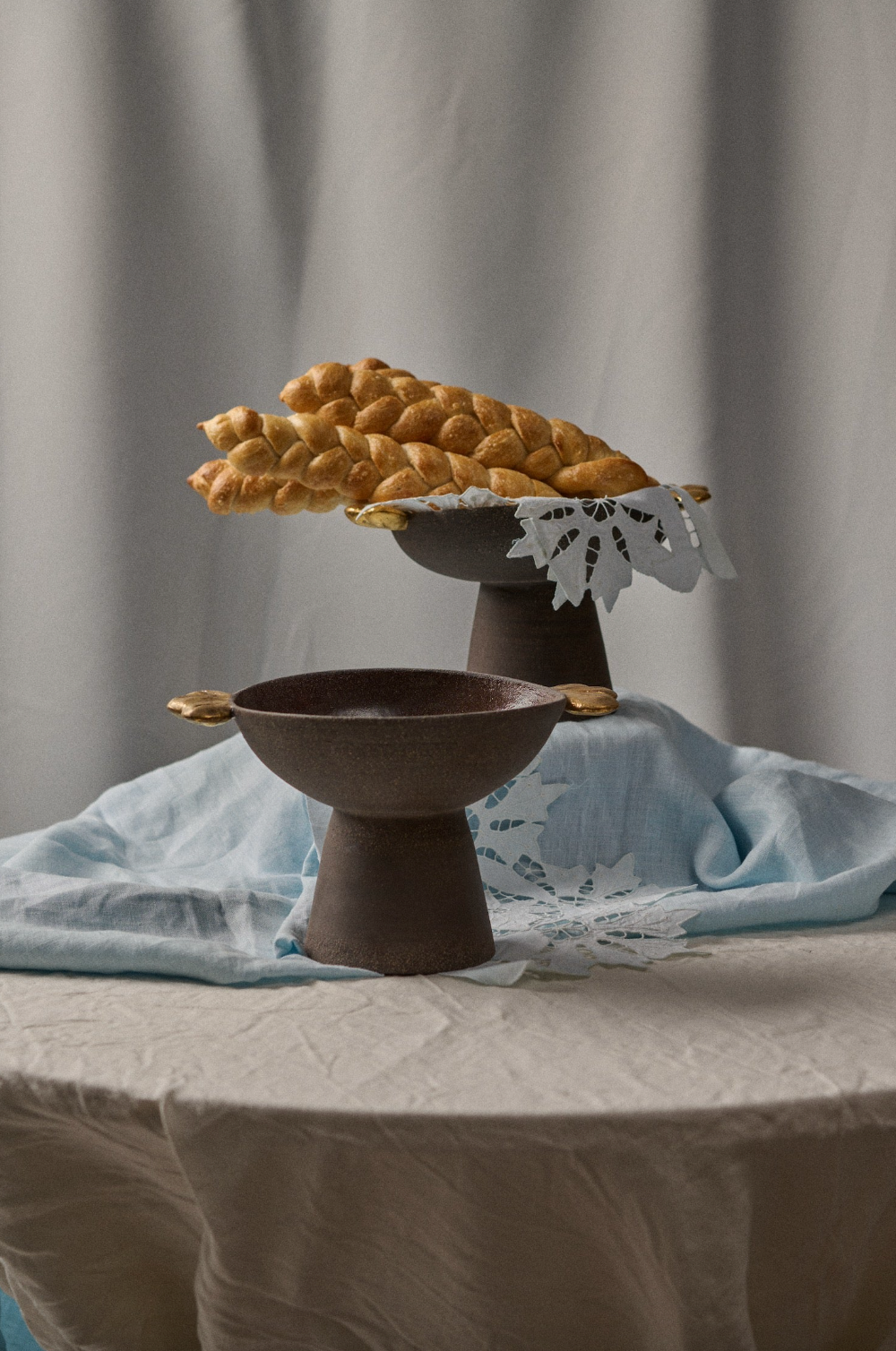 Pumpernickel w/ Gold Leaves - Stoneware Pedestal Fruit Bowl