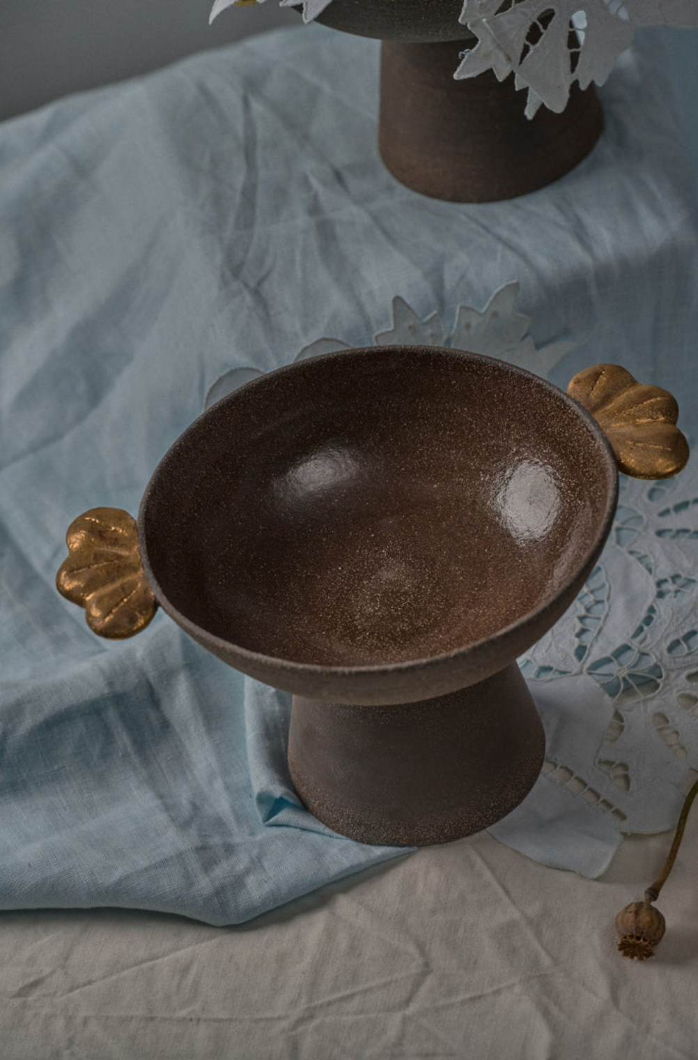 Pumpernickel w/ Gold Leaves - Stoneware Pedestal Fruit Bowl