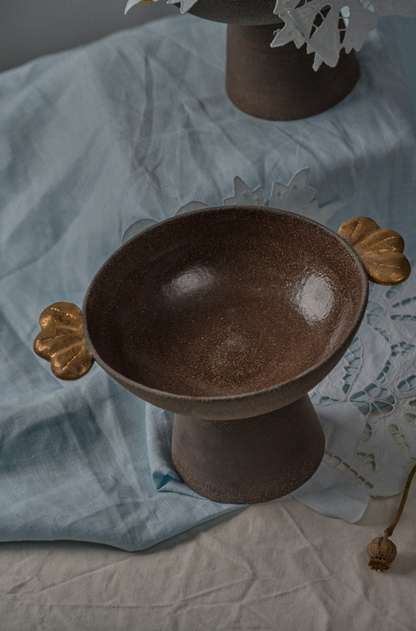 Pumpernickel w/ Gold Leaves - Stoneware Pedestal Fruit Bowl