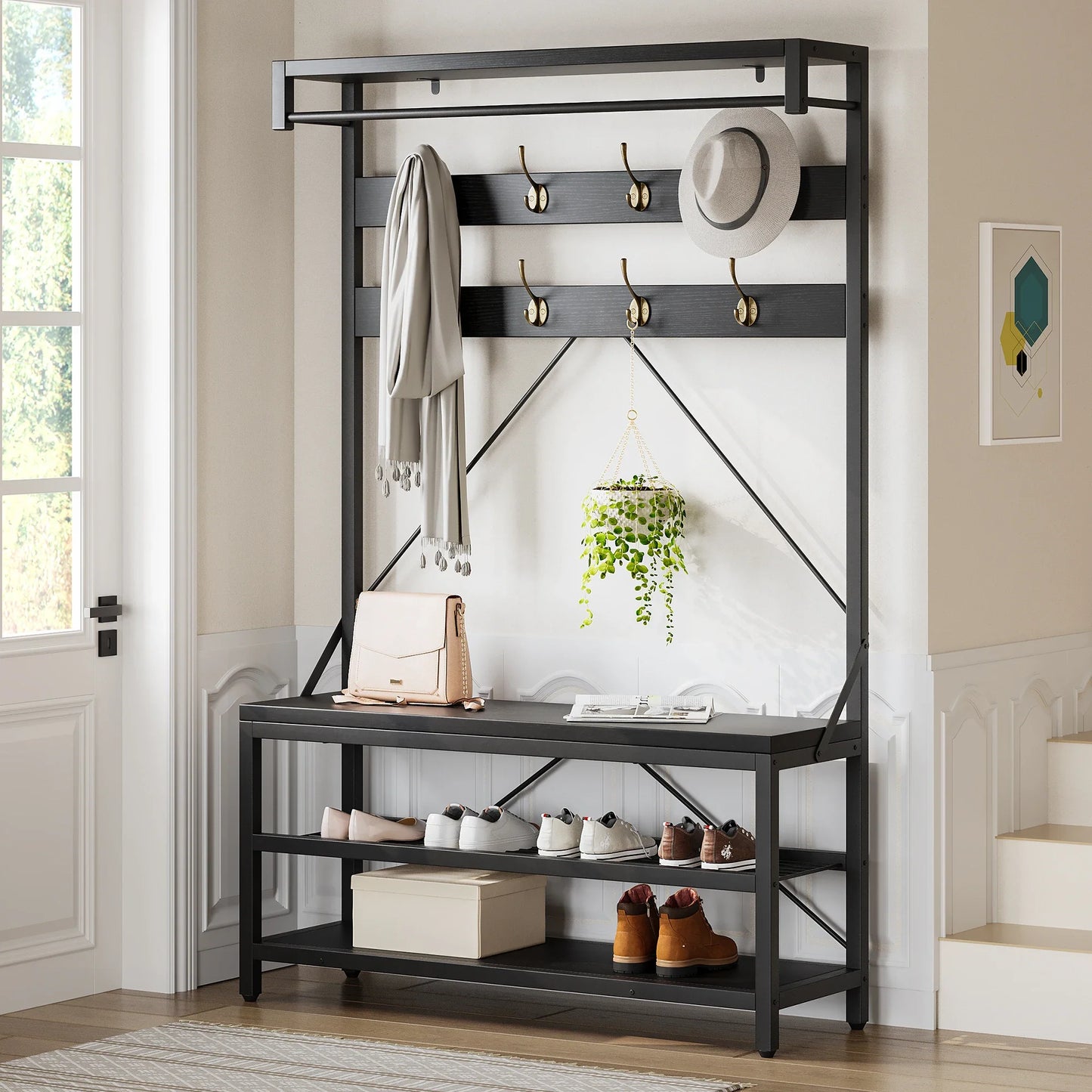 Industrial Hall Tree Coat Rack w/ Bench & 3-Tier Shoe Storage