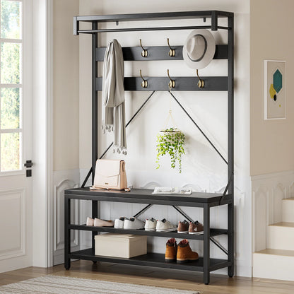 Industrial Hall Tree Coat Rack w/ Bench & 3-Tier Shoe Storage