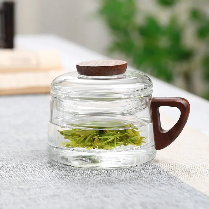 200ML Glass Teacup with Filter and Wooden Handle