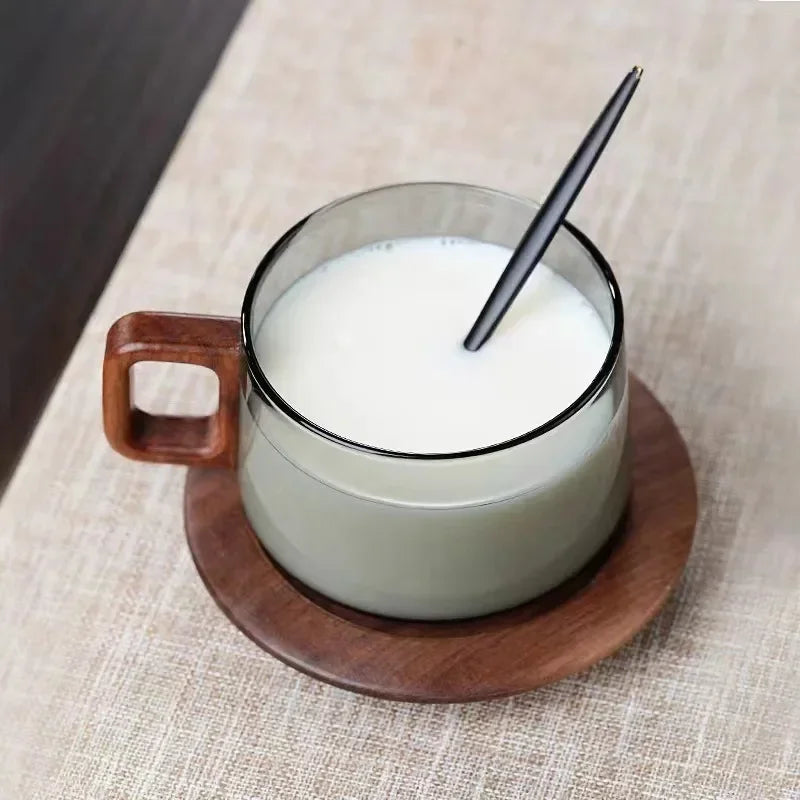 200ML Glass Teacup with Filter and Wooden Handle