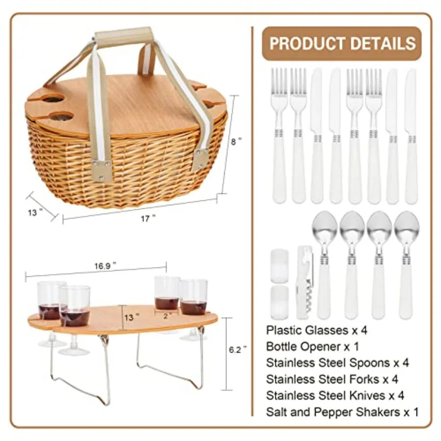 Insulated Wicker Picnic Basket for 4