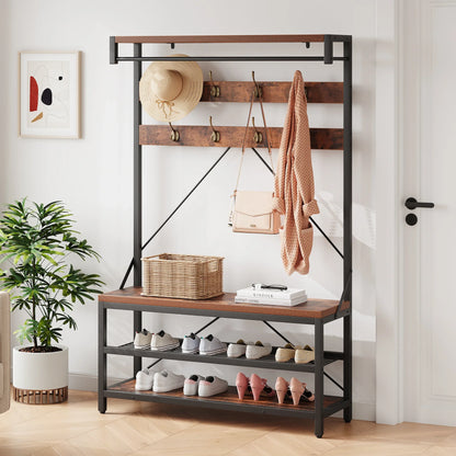 Industrial Hall Tree Coat Rack w/ Bench & 3-Tier Shoe Storage