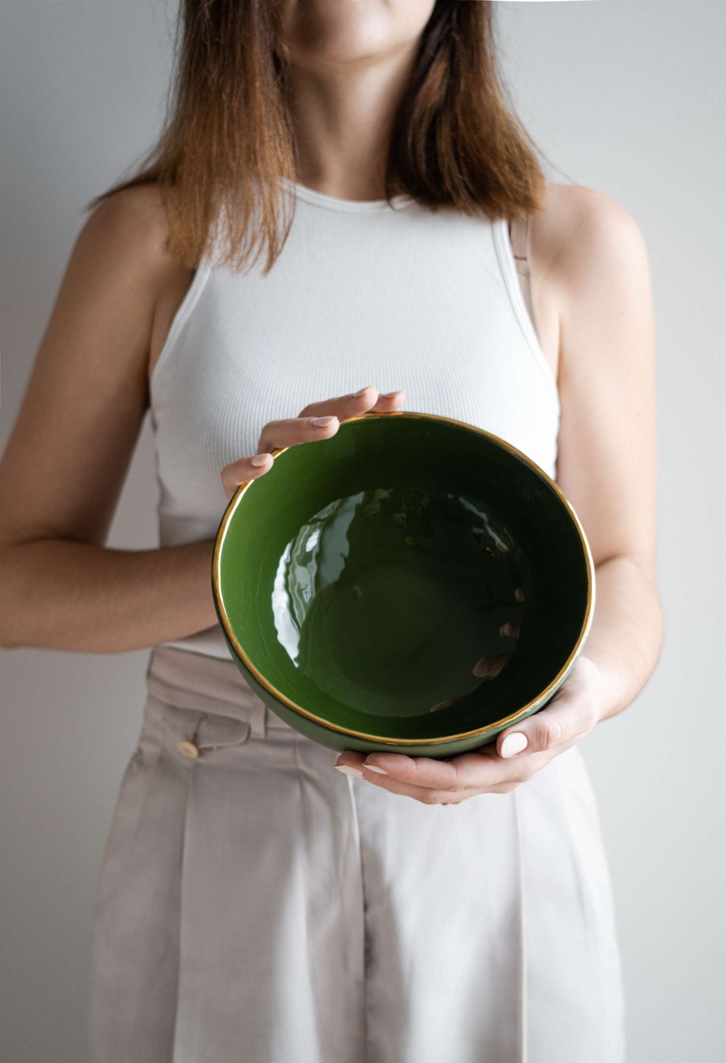 Green w/ Gold Rim - Porcelain Salad Bowl