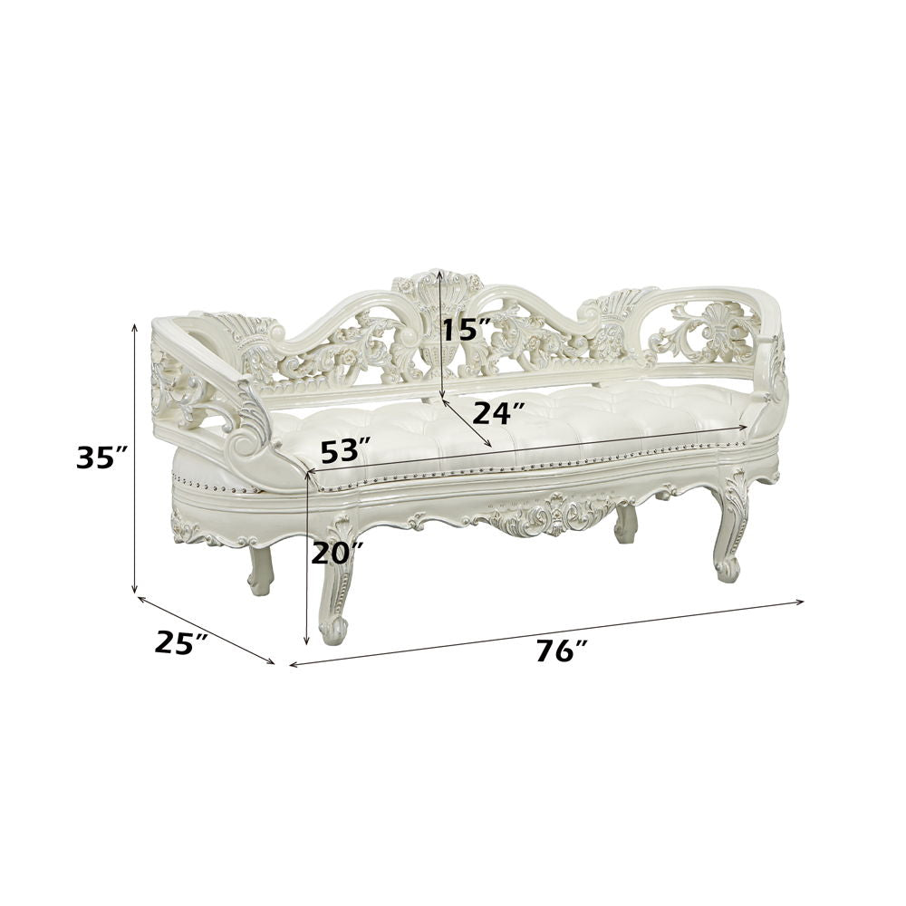 Adara - Pearl White Leather Antique White Bench