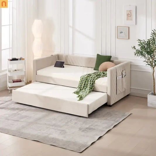 Chaise Lounge Velvet Beige Twin Trundle