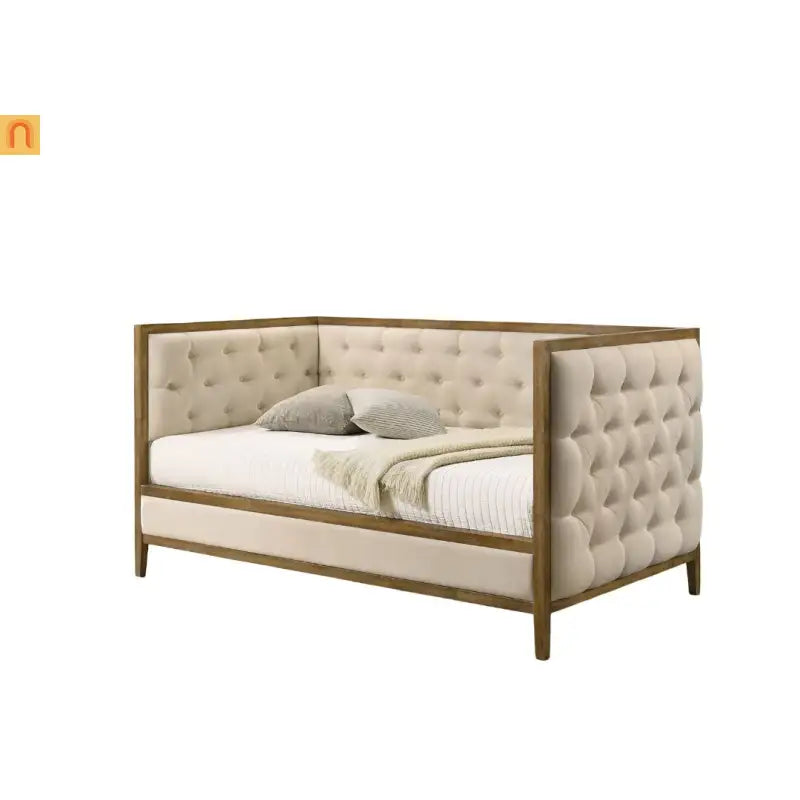 Chaise Lounge Daybed Oak Fabric Diamond Tufted Twin