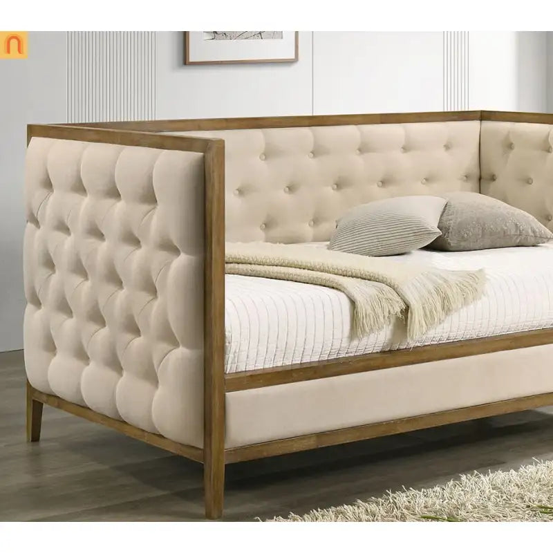 Chaise Lounge Daybed Oak Fabric Diamond Tufted Twin