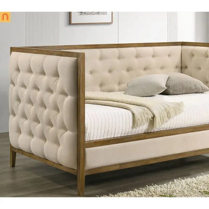 Chaise Lounge Daybed Oak Fabric Diamond Tufted Twin