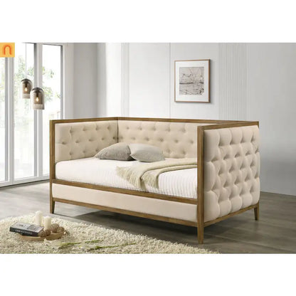 Chaise Lounge Daybed Oak Fabric Diamond Tufted Twin