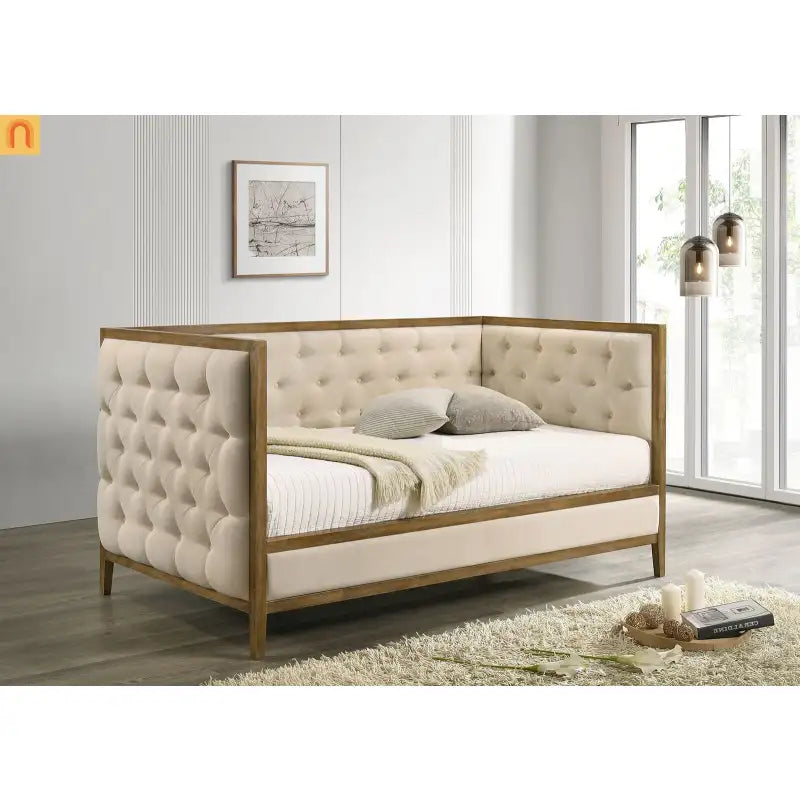 Chaise Lounge Daybed Oak Fabric Diamond Tufted Twin