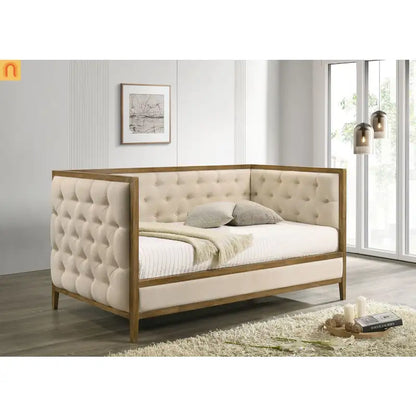 Chaise Lounge Daybed Oak Fabric Diamond Tufted Twin