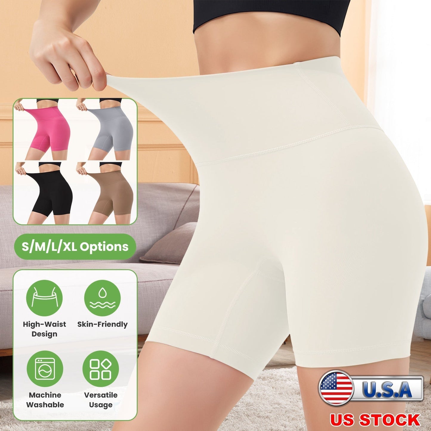 High Waist Biker Shorts Tummy Control - Ivory