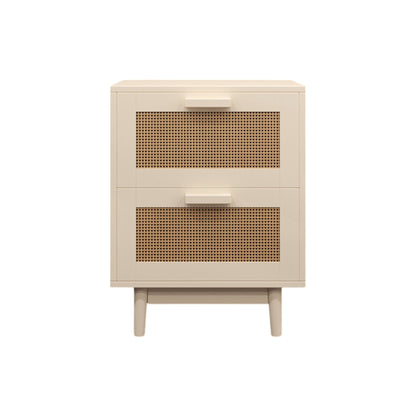 2-Drawer Rattan-Style Accent Table with Natural Wood Finish