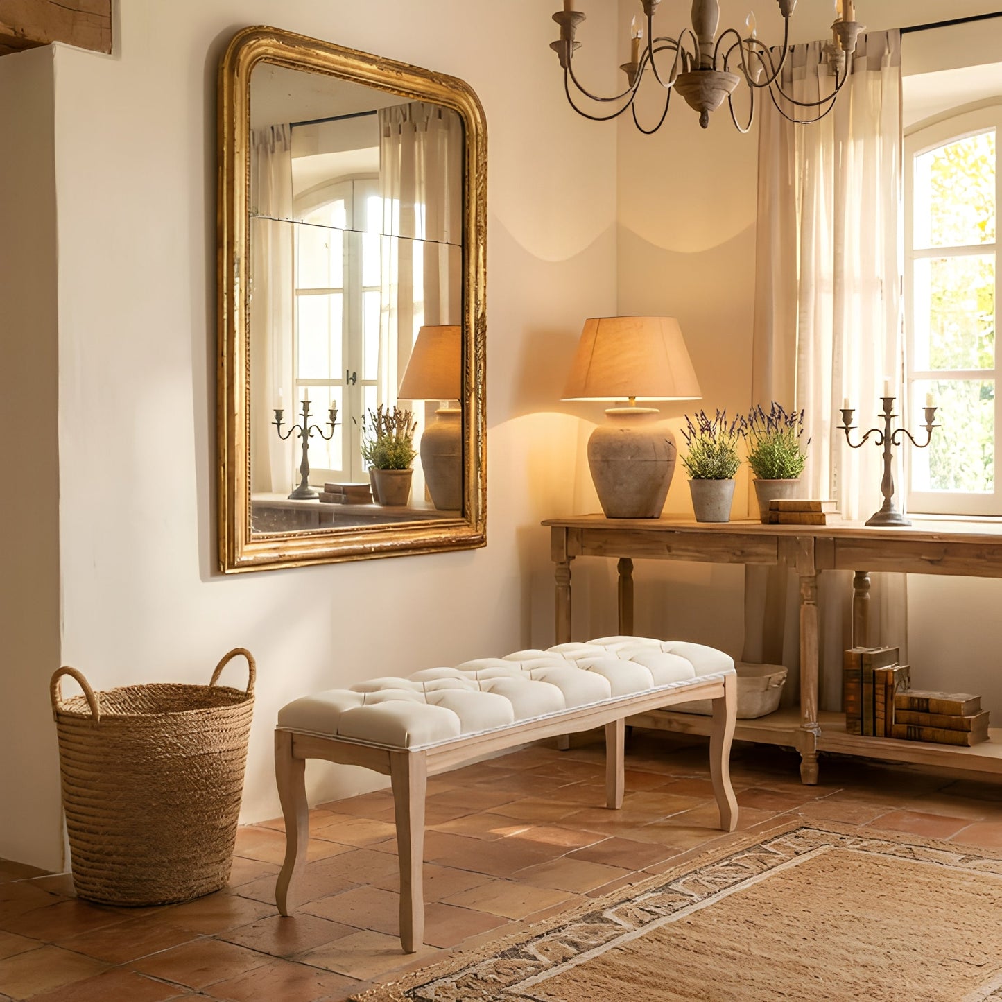 French Vintage Tufted Bench
