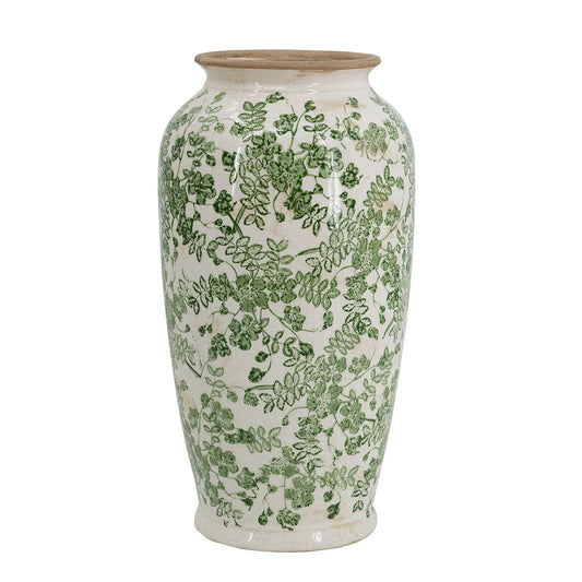 7.7x7.7x14.6' White Ceramic Flower Vase with Green Floral Pattern