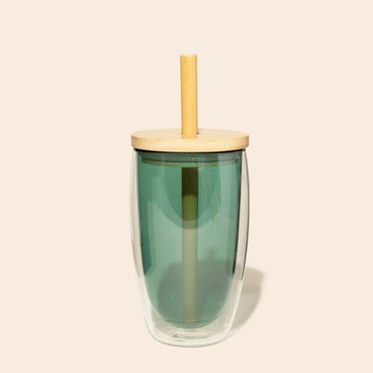 Double-Glass Cup With Bamboo Straw