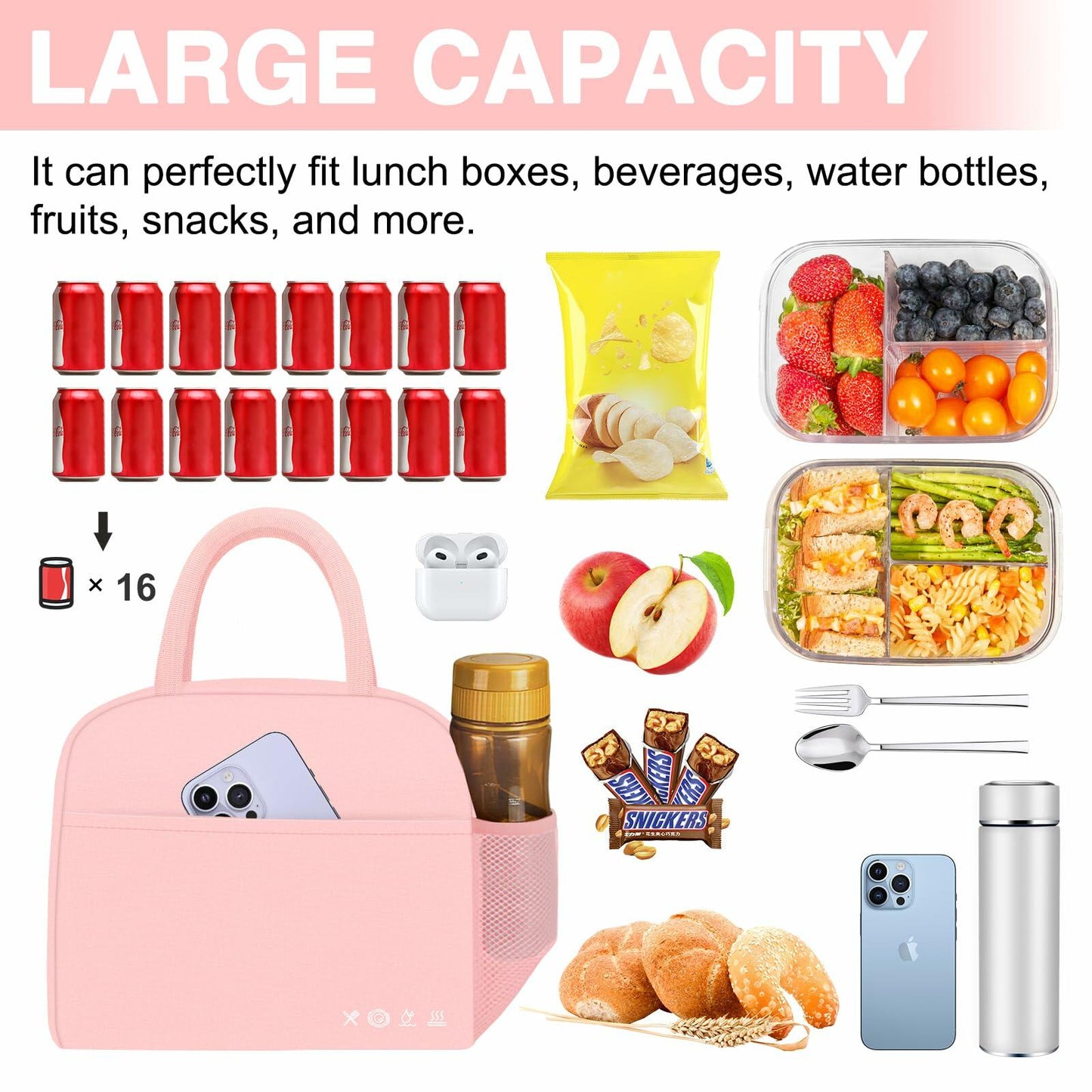 KUBYA Pink Insulated Lunch Bag Pink