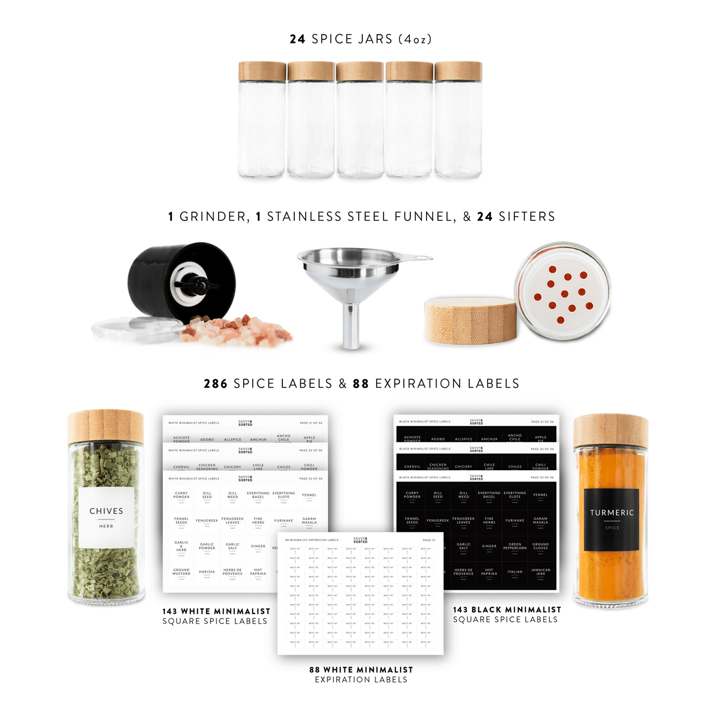 Round Spice Jars with Labels - 24 PACK
