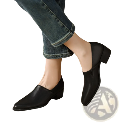 Women's Leather Block Heel Loafers Square Toe Shoes
